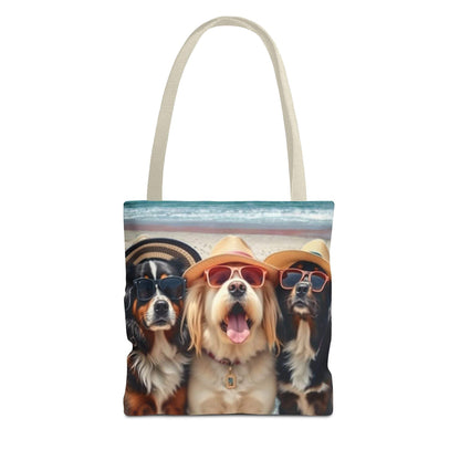 Trendy tote bag with fun dog companions in sunglasses design for pet lovers.