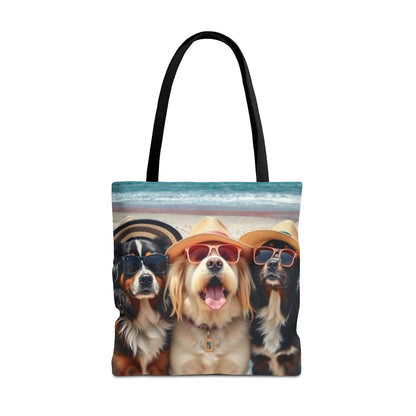 Trendy tote bag with fun dog companions in sunglasses design.
