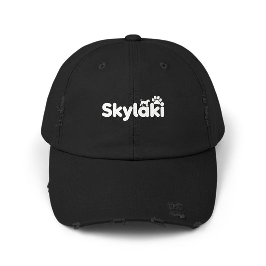 Unisex distressed cap with Skylaki logo; black, vintage style for dog lovers.