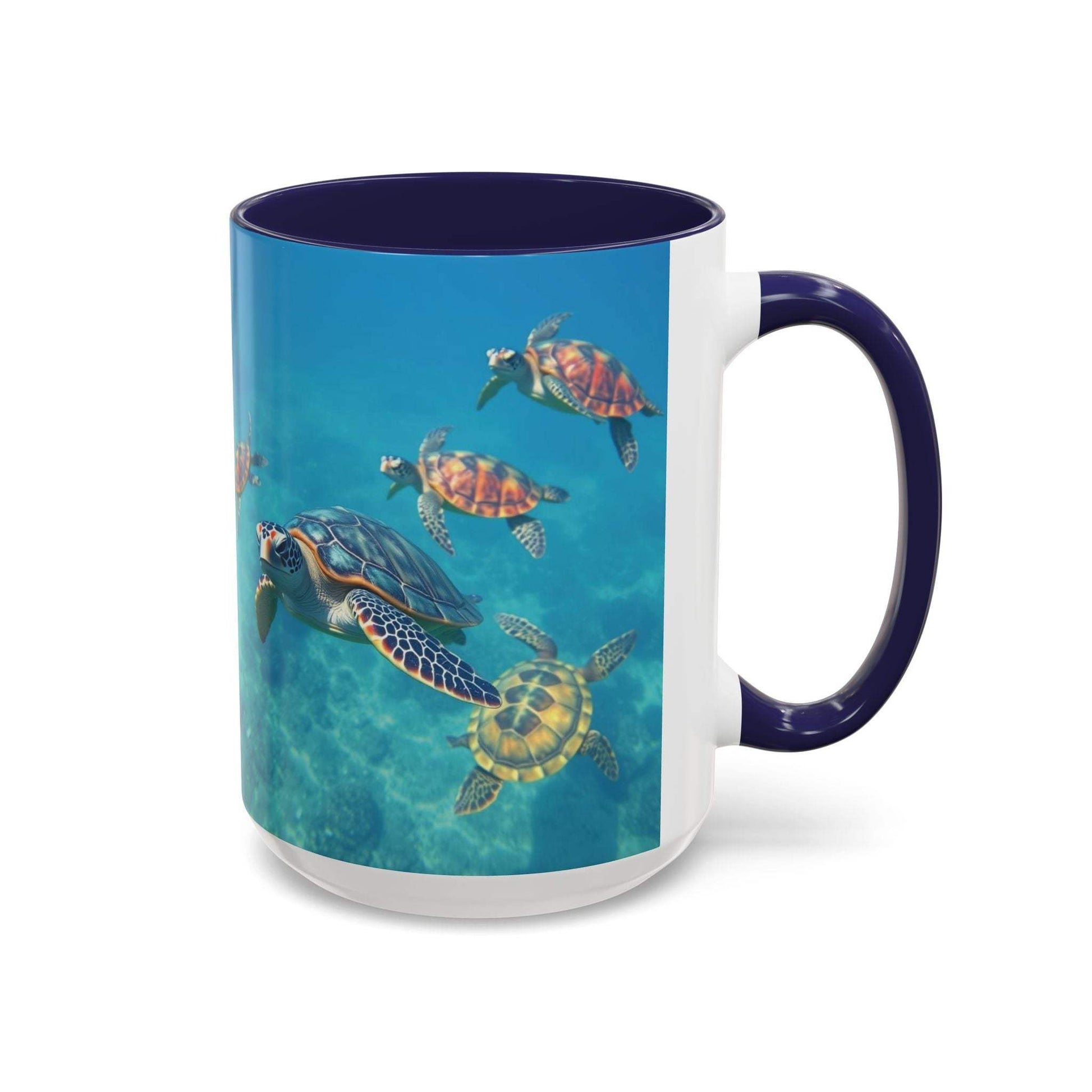 Ocean-Inspired Turtle Accent Coffee Mug with vibrant turtle design, available in 11oz and 15oz sizes.