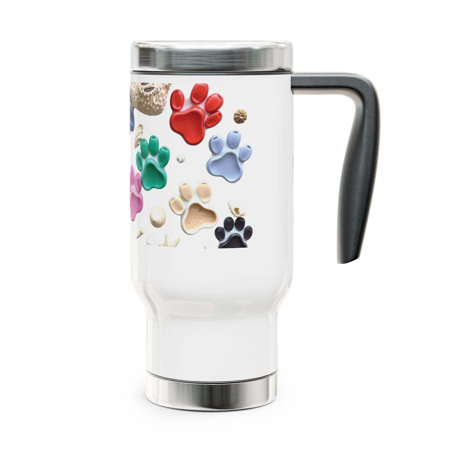 Stainless steel travel mug with handle featuring a glossy white enamel finish and colorful paw print design, 14oz.