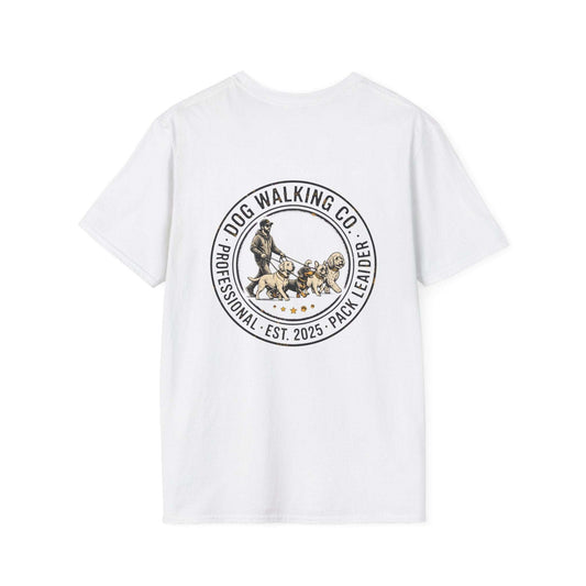 Black and white dog illustration on lightweight Dog Walker Tee with ribbed collar