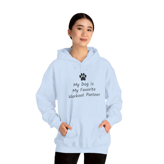 Unisex hooded sweatshirt with "My Dog is My Favorite Workout Partner" design, featuring a kangaroo pocket and matched drawcord in soft cotton-poly blend.
