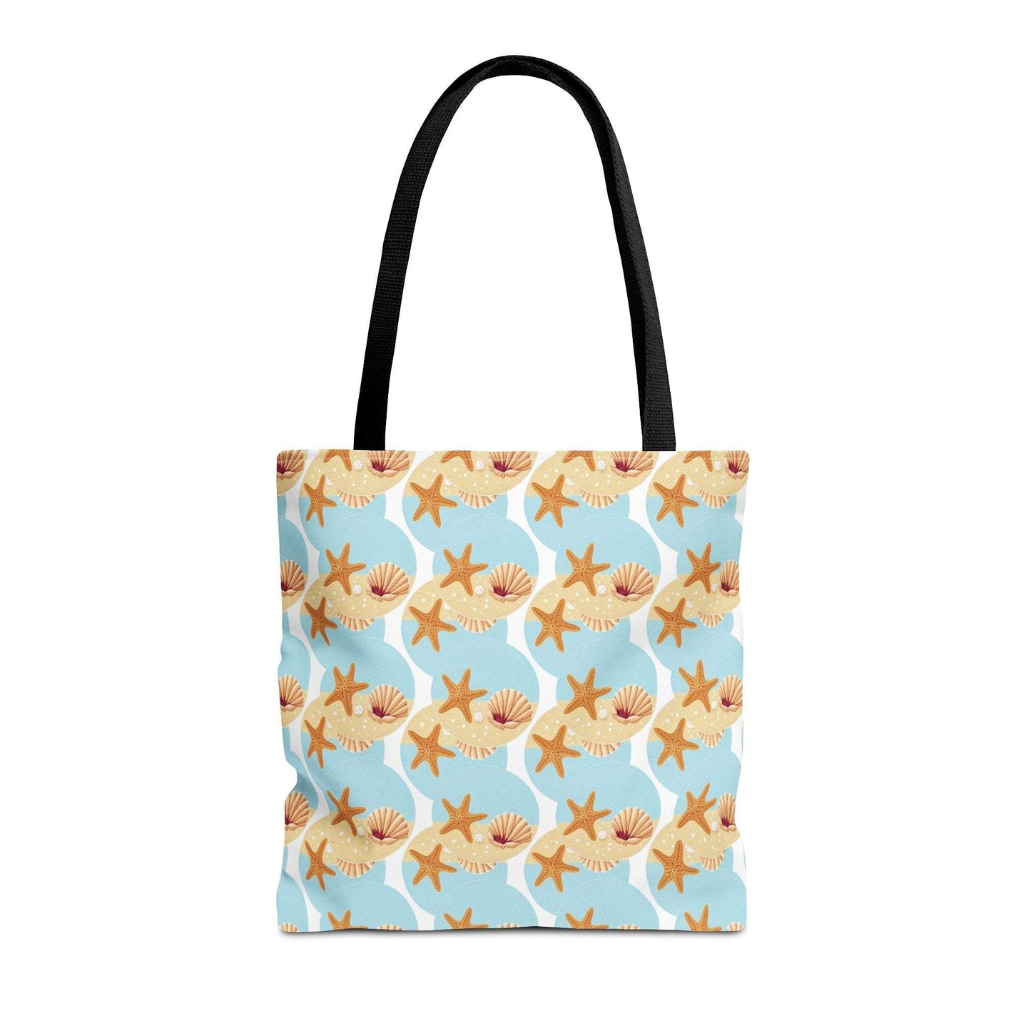 Seashell & Starfish Beach Tote Bag with coastal pattern, ideal for summer outings.