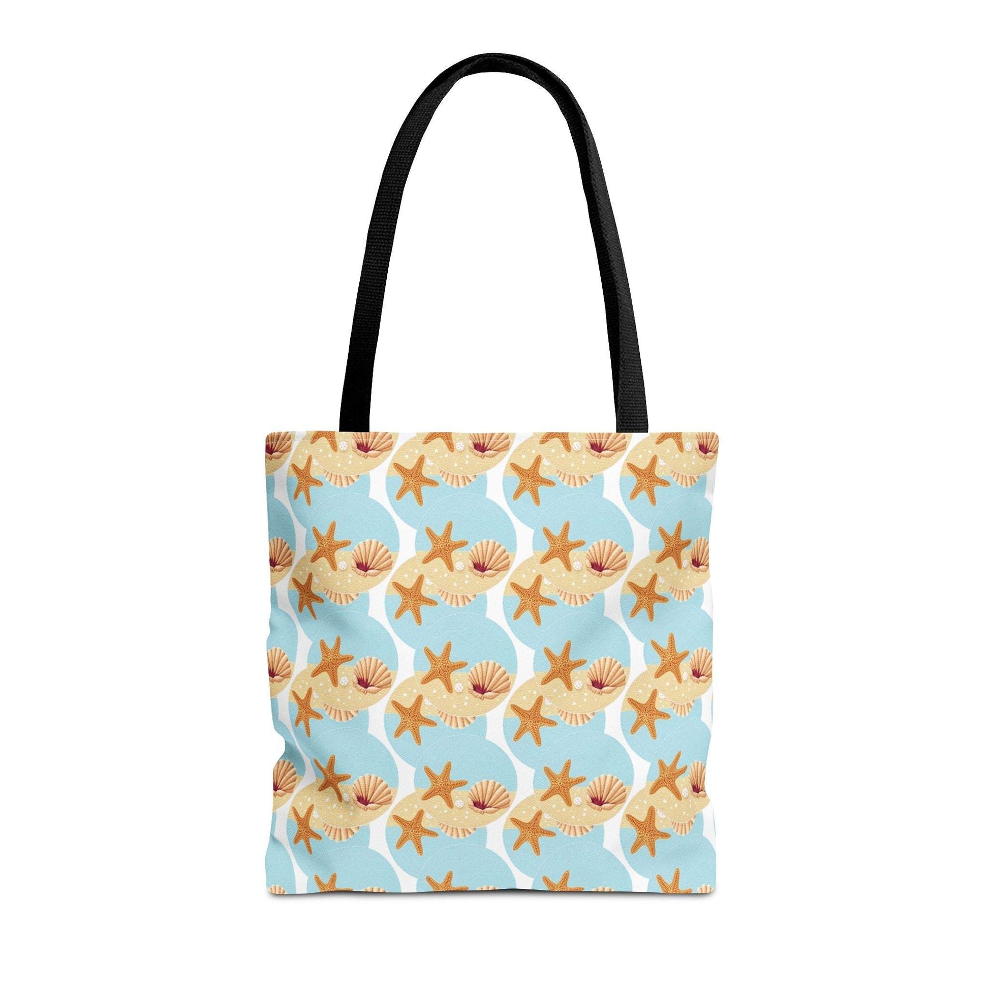Seashell & Starfish Beach Tote Bag with coastal pattern, ideal for summer outings.