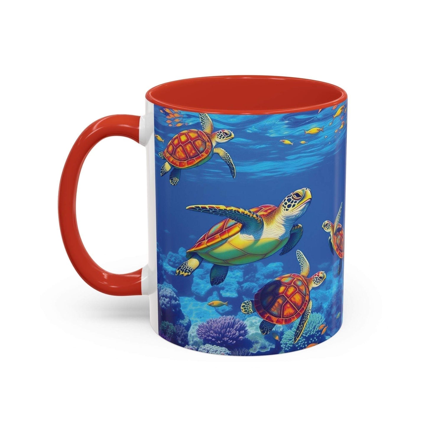 Colorful coffee mug featuring sea turtle design with vibrant underwater scene, perfect for ocean decor.