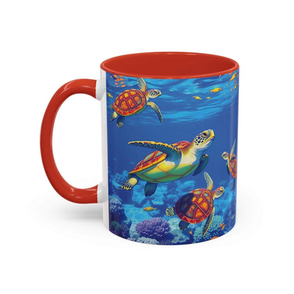 Colorful coffee mug featuring sea turtle design with vibrant underwater scene, perfect for ocean decor.