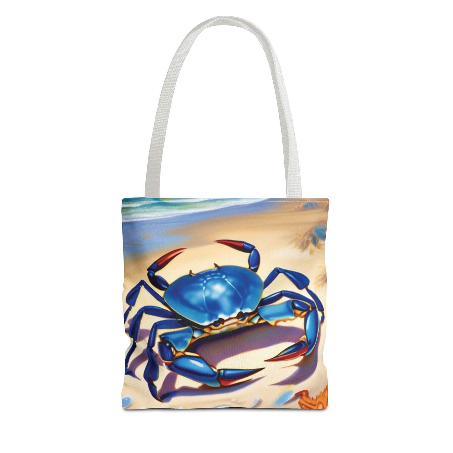 Ocean-inspired beach bag tote with blue crab and starfish design.