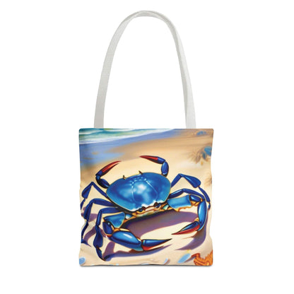 Ocean-inspired beach bag tote with blue crab and starfish design.