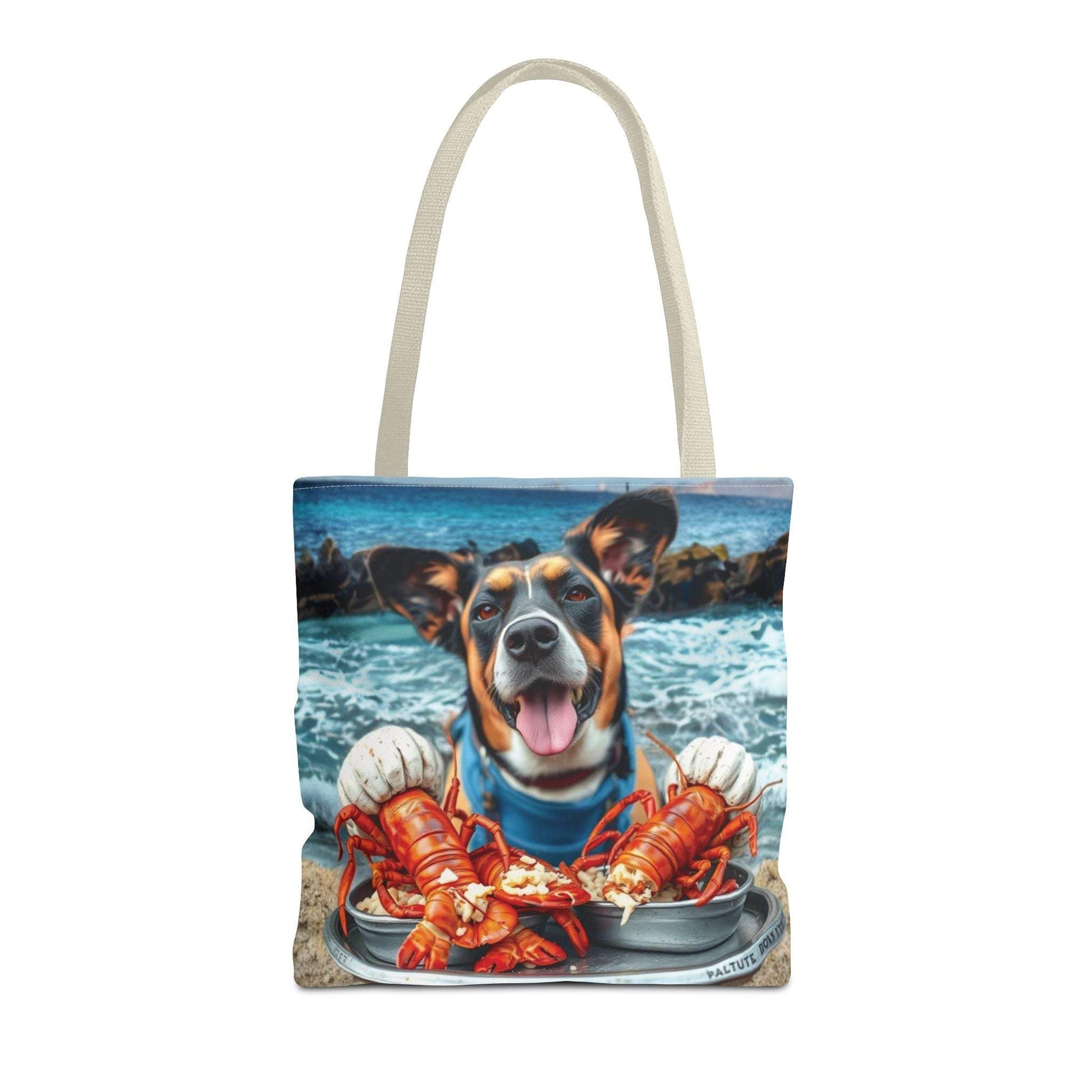 Colorful tote bag with playful dog and lobster design, perfect for beach lovers.