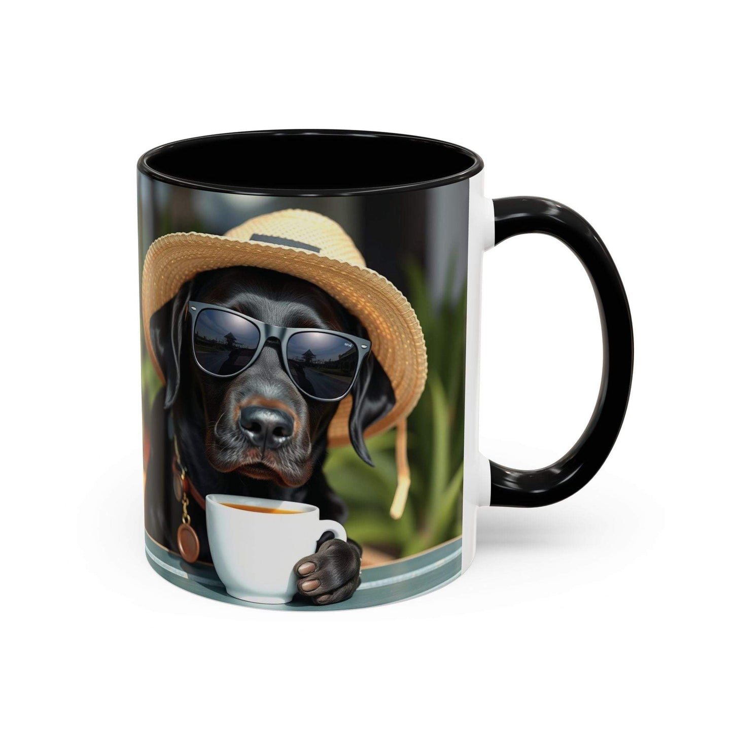 Coffee mugs for dog lovers with a playful design featuring a dog in sunglasses and a hat, available in 11oz and 15oz sizes.
