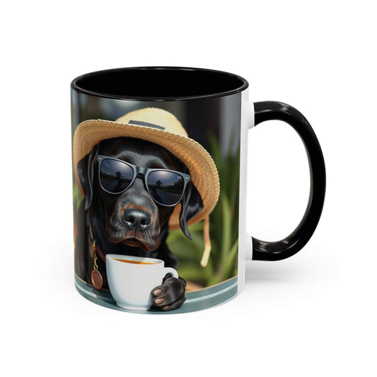 Coffee mugs for dog lovers with a playful design featuring a dog in sunglasses and a hat, available in 11oz and 15oz sizes.