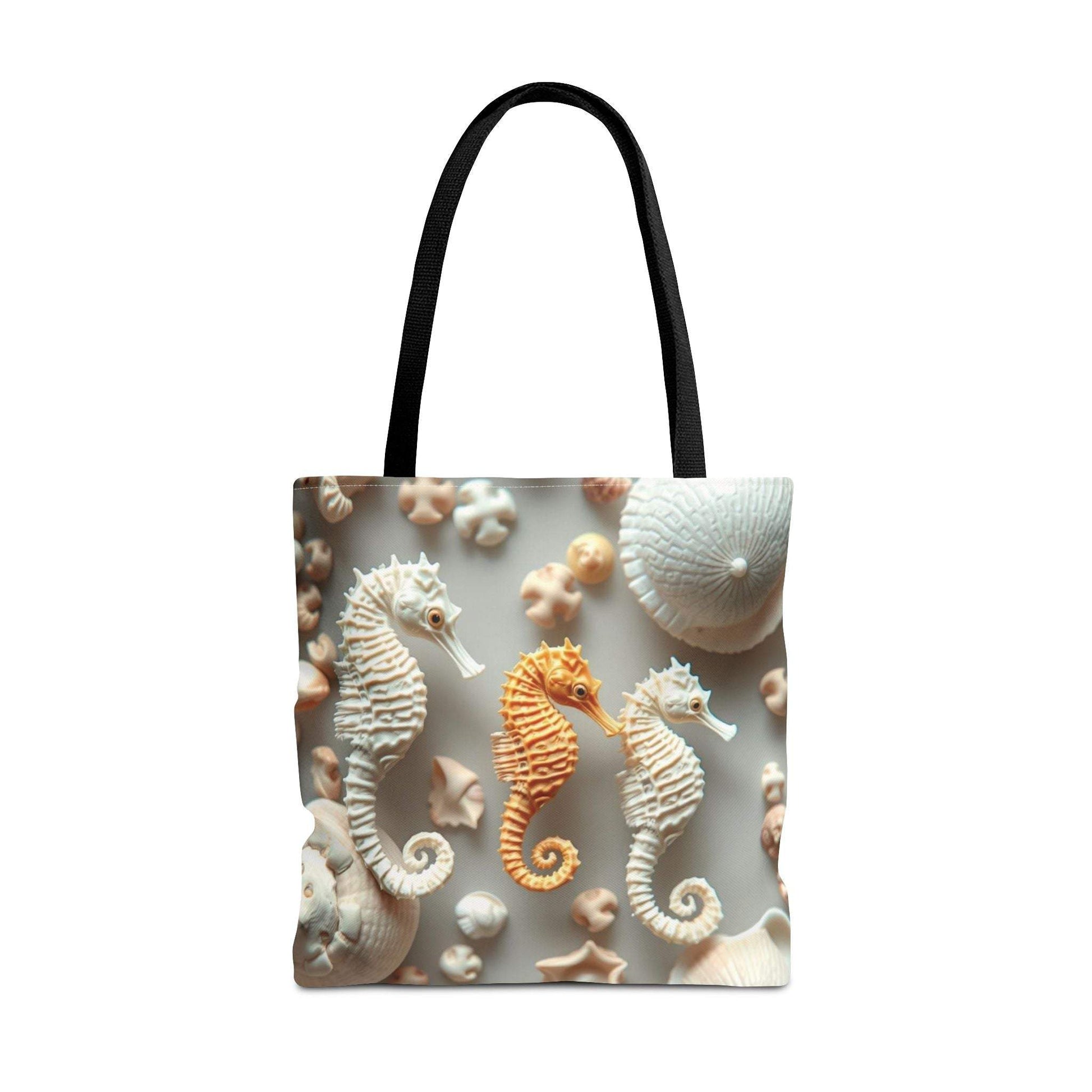 Seahorse-themed beach tote bag with vibrant seahorse design and durable polyester material.