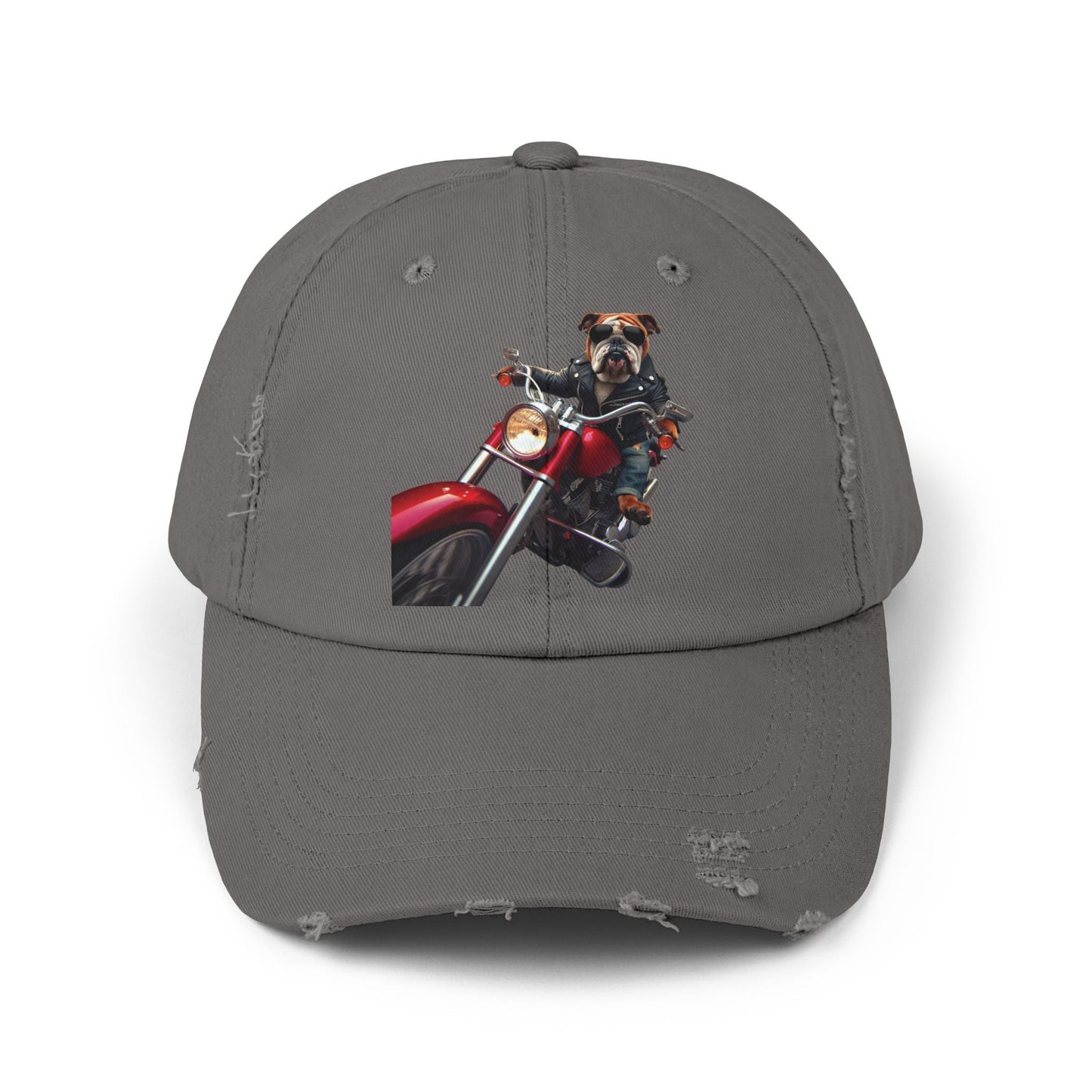 Unisex distressed Baseball cap with cool dog biker design, vintage look.