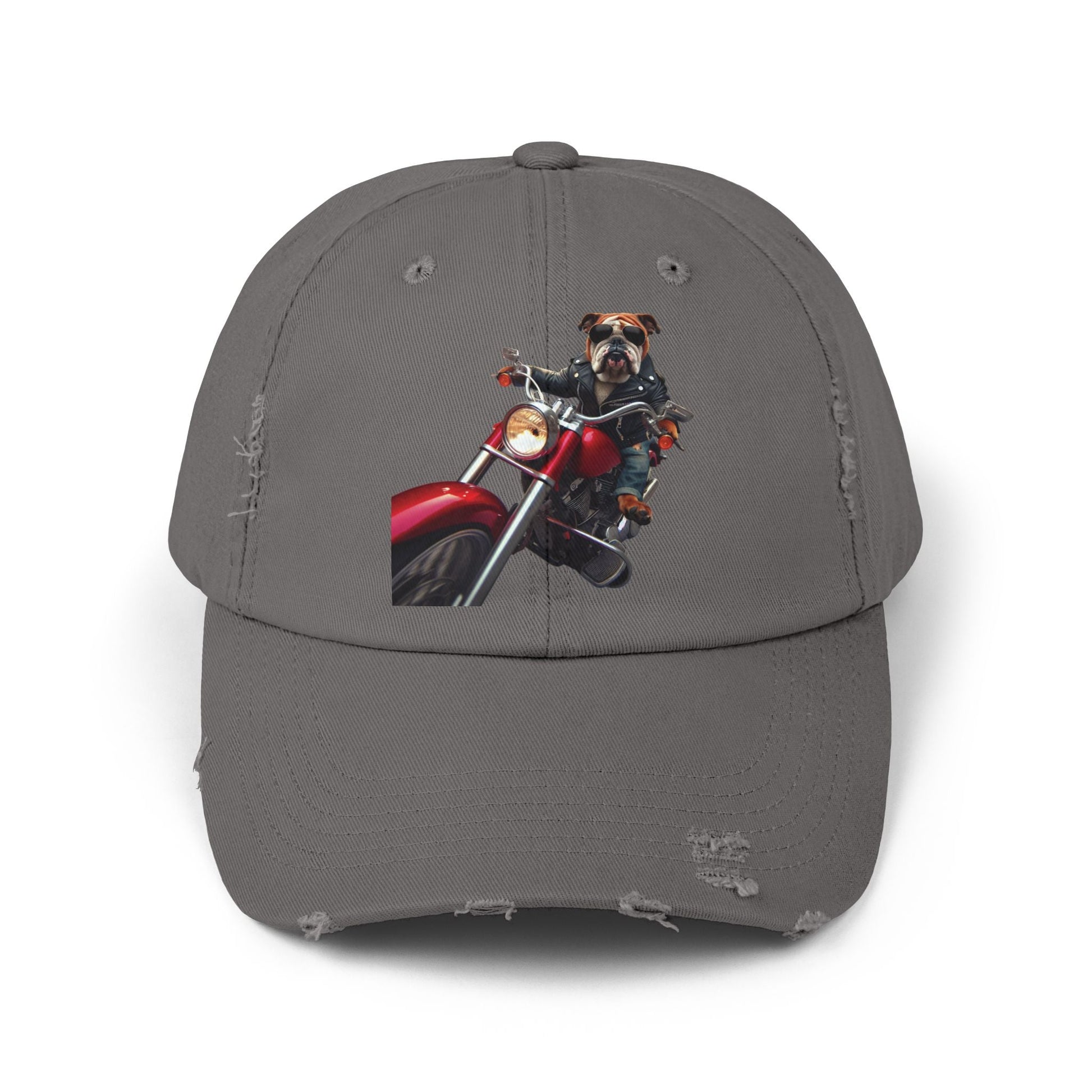 Unisex distressed Baseball cap with cool dog biker design, vintage look.