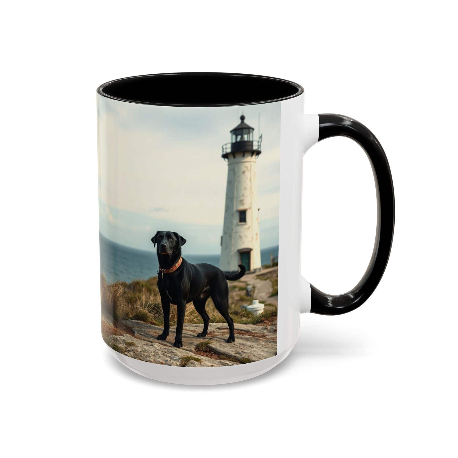 Ocean-themed coffee mug with lighthouse and black dog design, perfect for coastal decor and dog lovers.