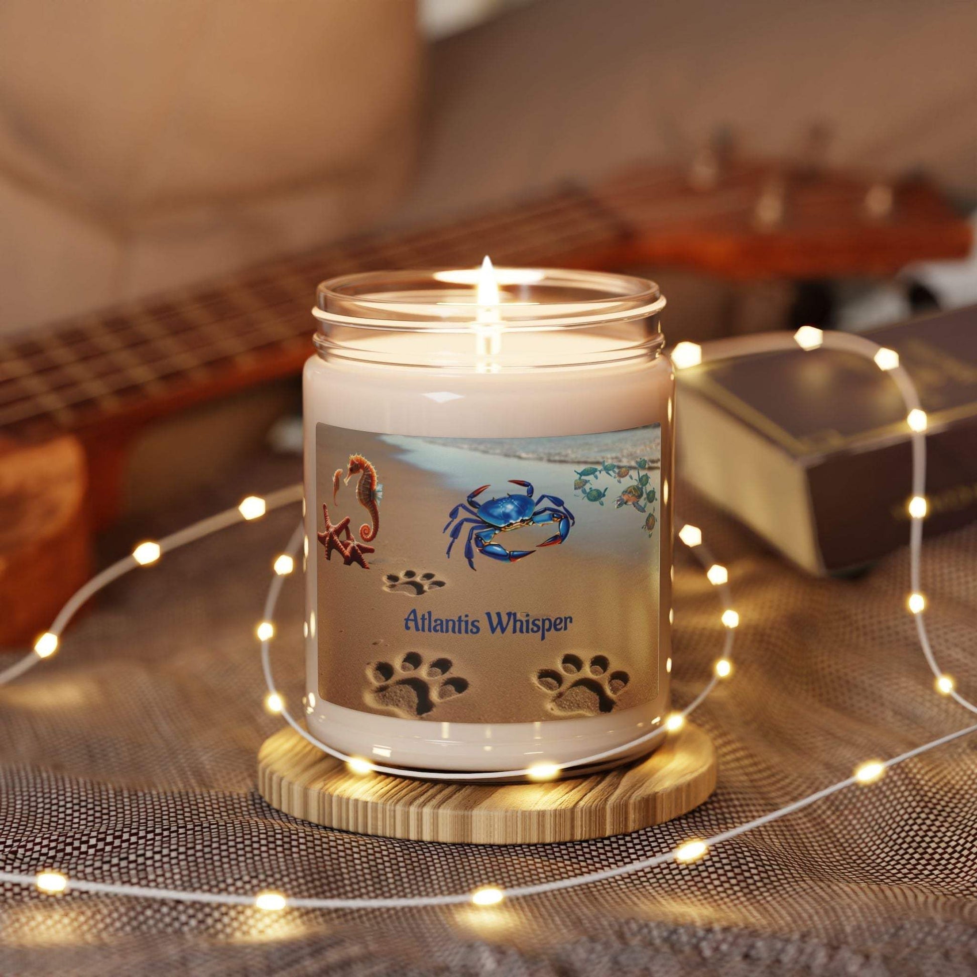 Scented soy candle Atlantis Whisper with ocean-inspired aroma, 9oz, eco-friendly and long-lasting.