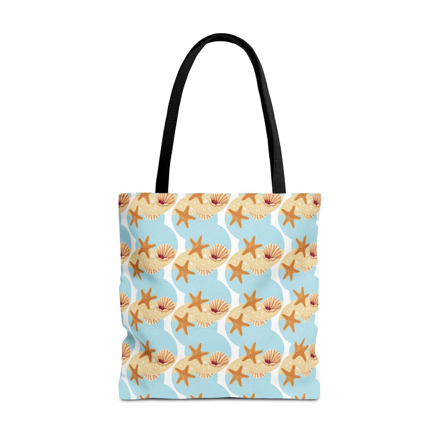 Seashell and starfish beach tote bag with coastal pattern, perfect for beach days.