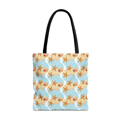 Seashell and starfish beach tote bag with coastal pattern, perfect for beach days.