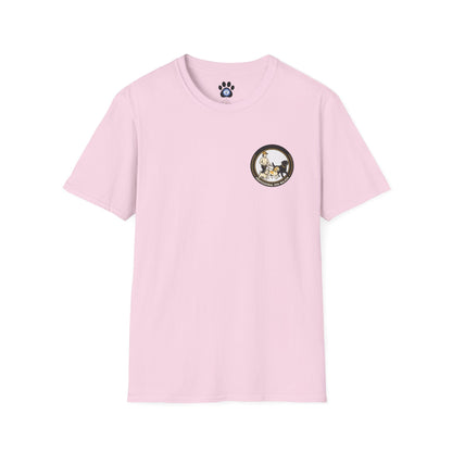Black and white dog illustration on professional dog walker shirt by Skylaki Brand