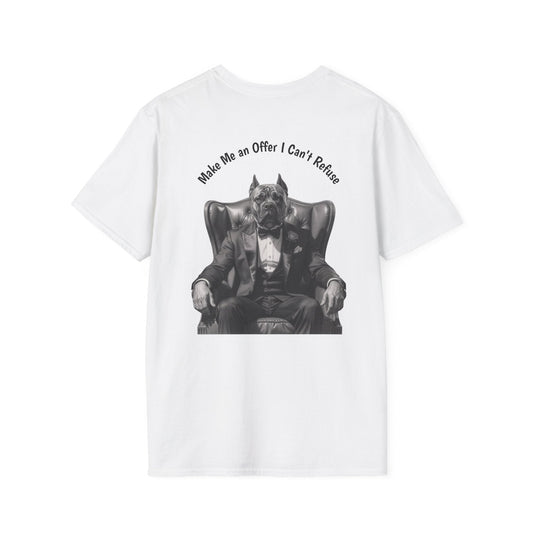 Unisex Puppy Graphic Tee featuring a suited wolf in an armchair with "Make Me an Offer I Can't Refuse" slogan