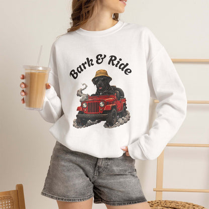 Crewneck sweatshirt with black lab dog driving red jeep graphic wearing straw hat