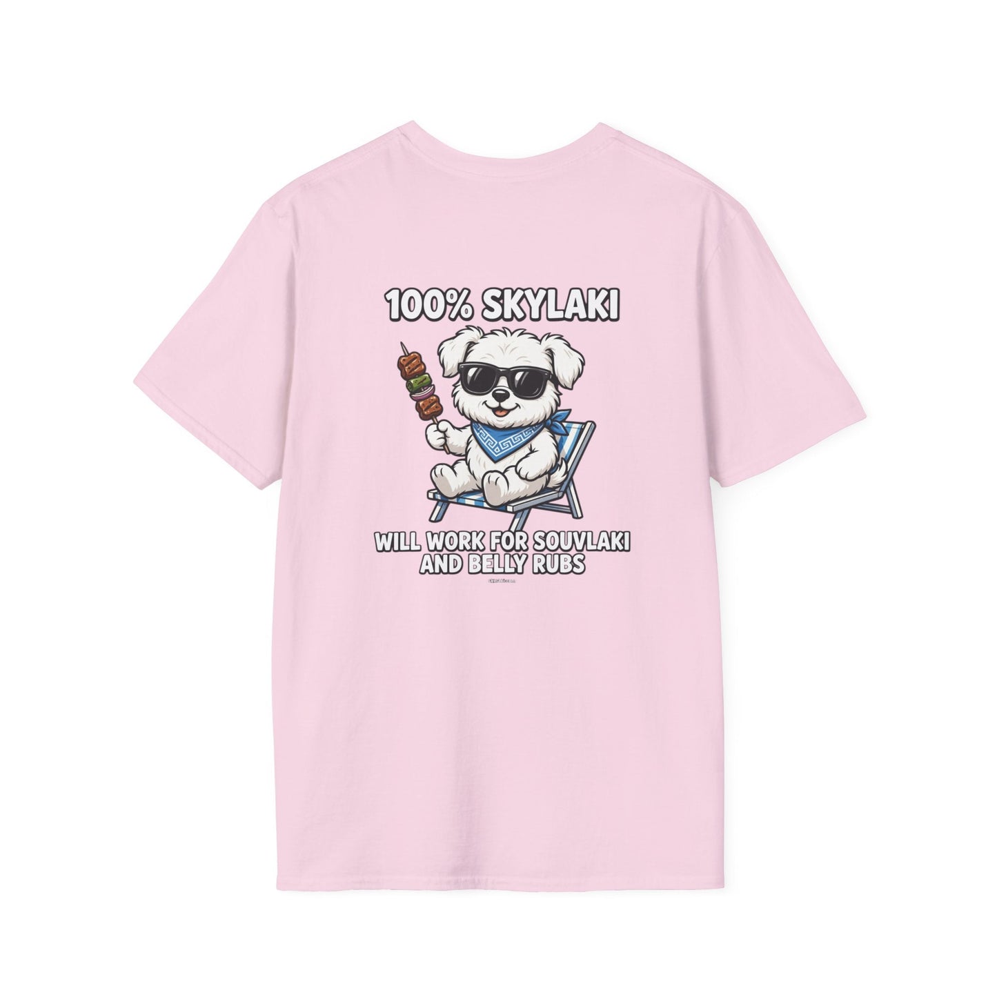 Unisex dog wearing 100% cotton Will Work for Souvlaki Dog Shirt with paw print emblem