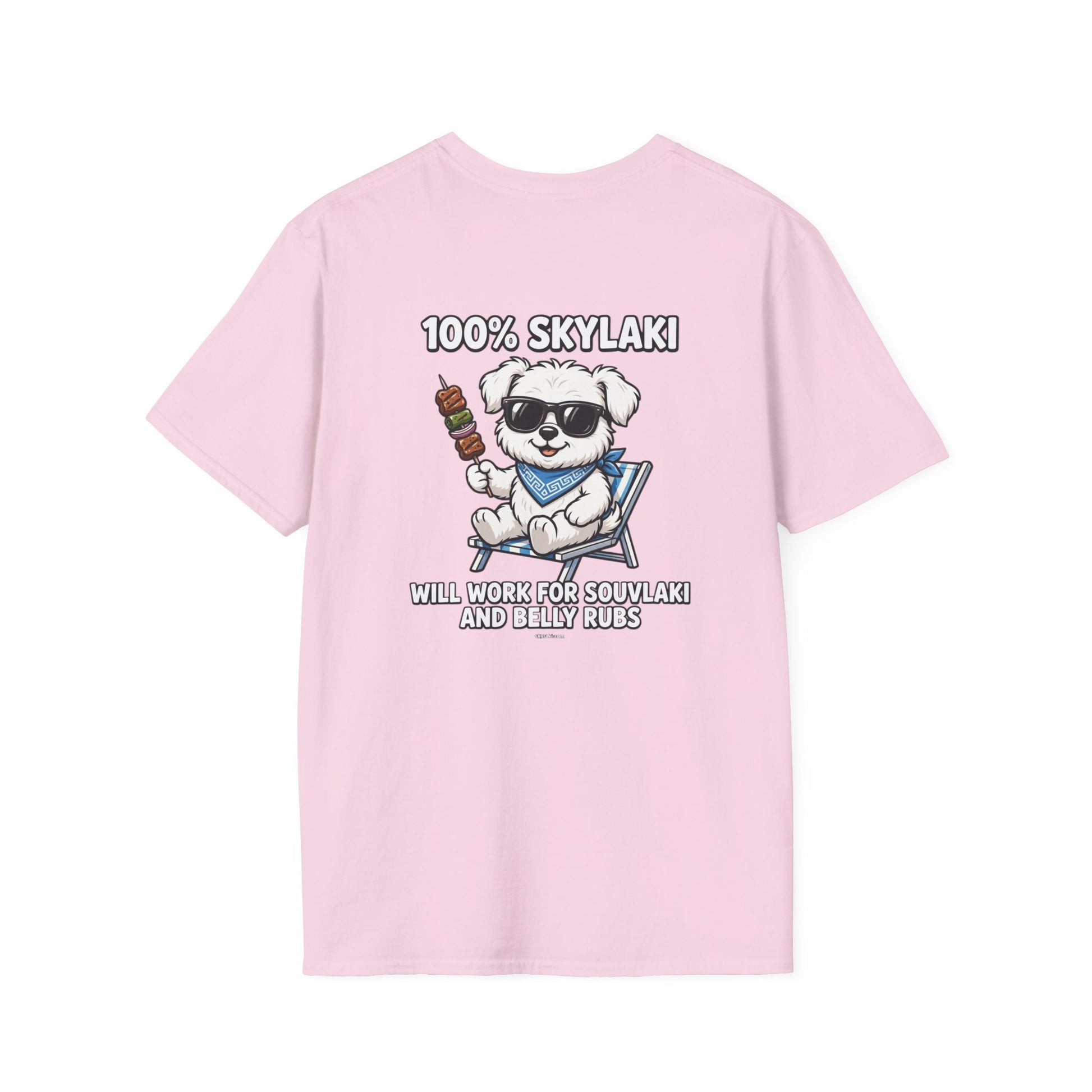 Unisex dog wearing 100% cotton Will Work for Souvlaki Dog Shirt with paw print emblem