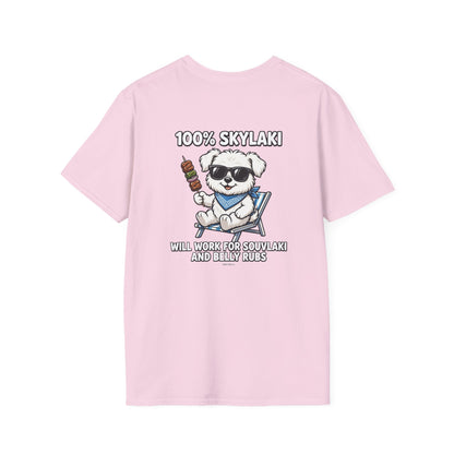 Unisex dog wearing 100% cotton Will Work for Souvlaki Dog Shirt with paw print emblem
