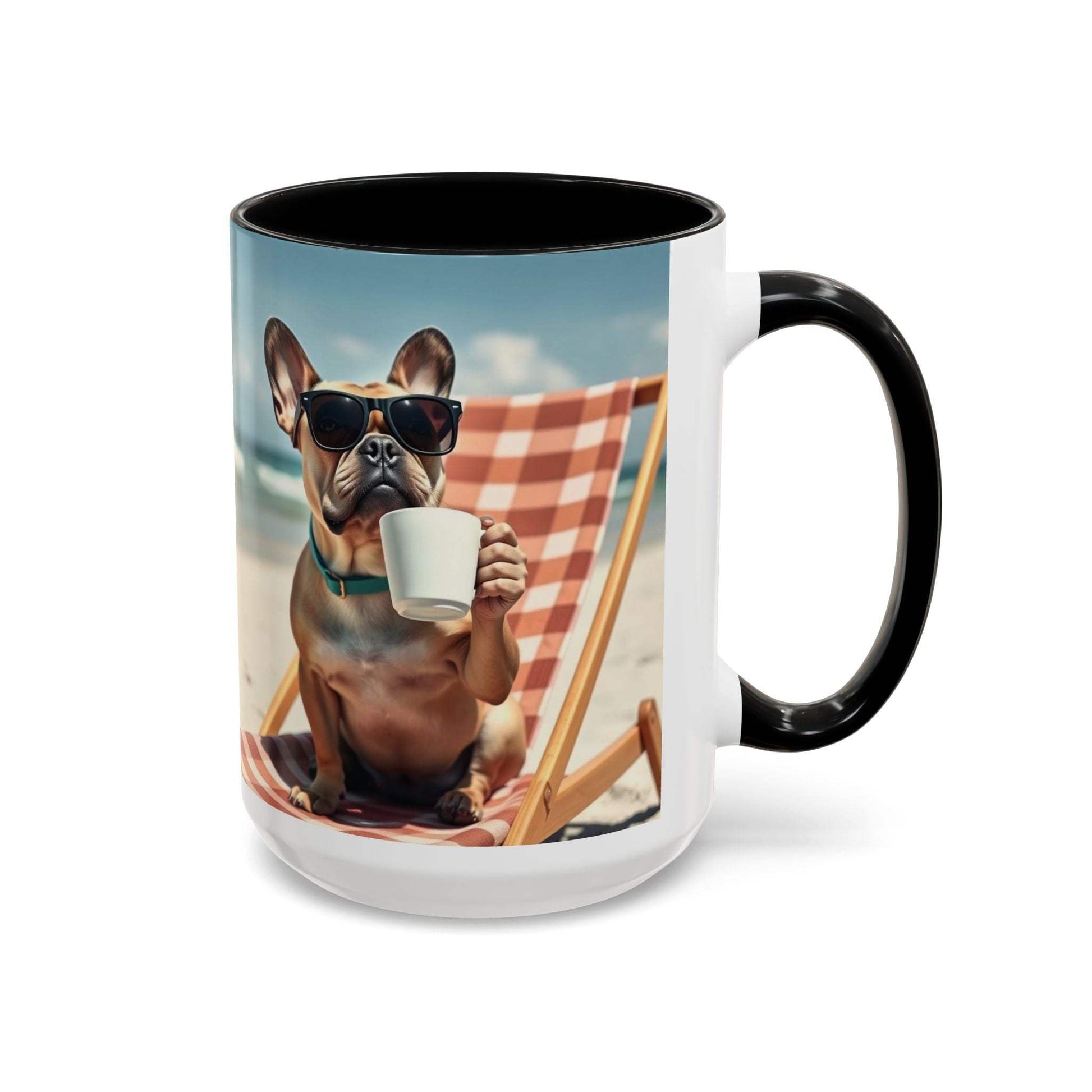 Beach Dog Accent Coffee Mug with a dog enjoying a beach day, perfect for pet lovers and summer sips.