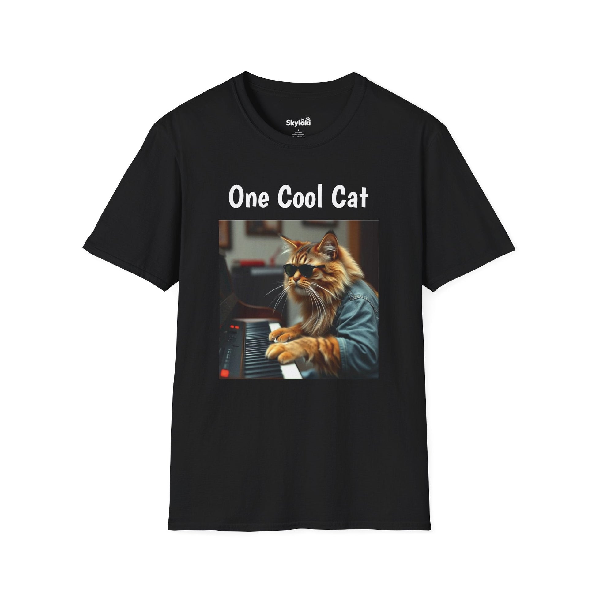 Unisex Softstyle T-Shirt with playful piano-playing cat design for cat lovers.