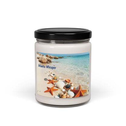 Scented Soy Candle Atlantis Whisper in glass jar, beach-inspired fragrance, 9oz.