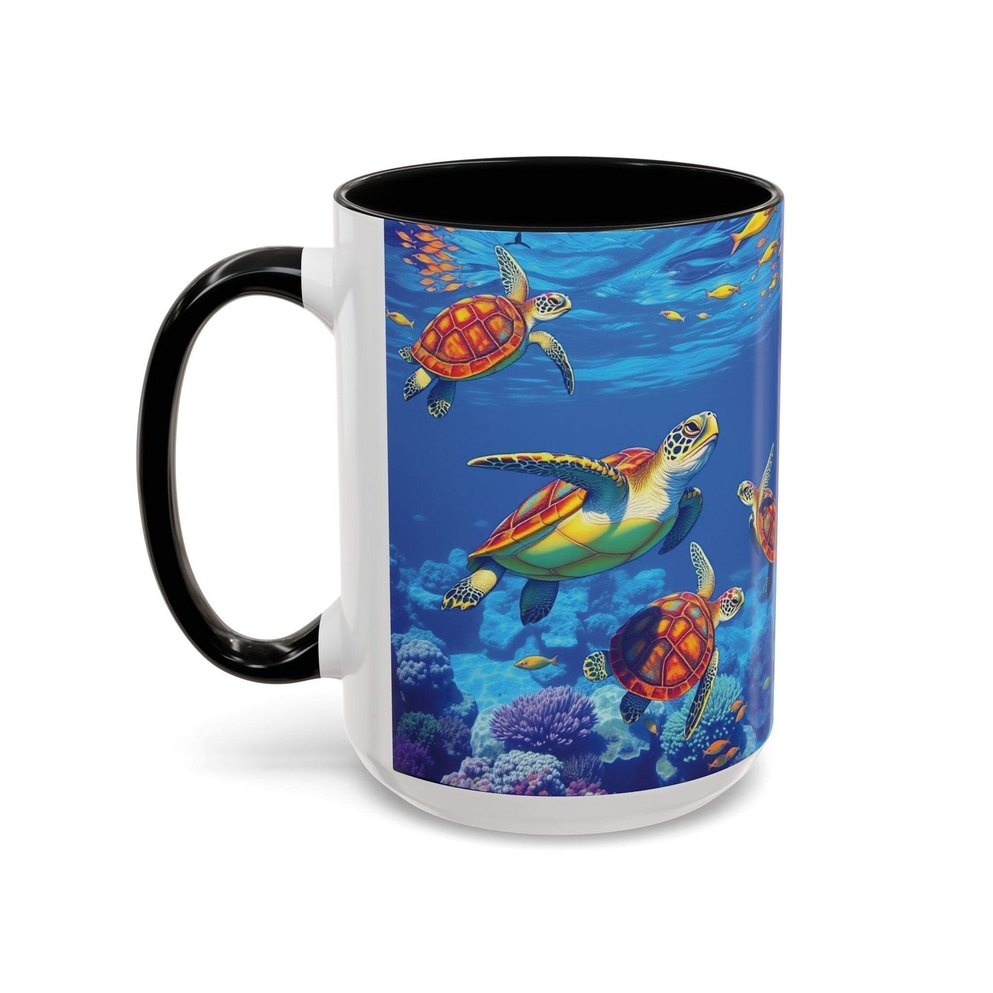 Colorful sea turtle coffee mug with vibrant ocean design, ideal for nature lovers and ocean decor enthusiasts.