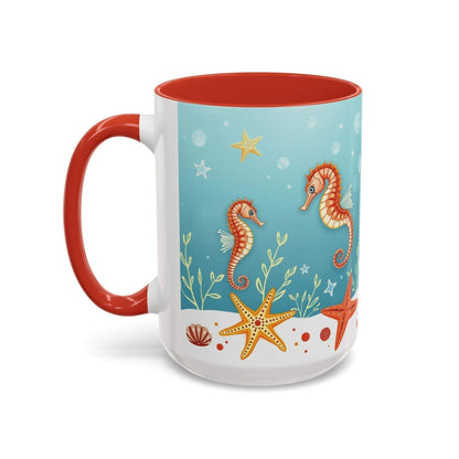 Ocean-themed accent coffee mug with sea life design featuring seahorses and starfish.