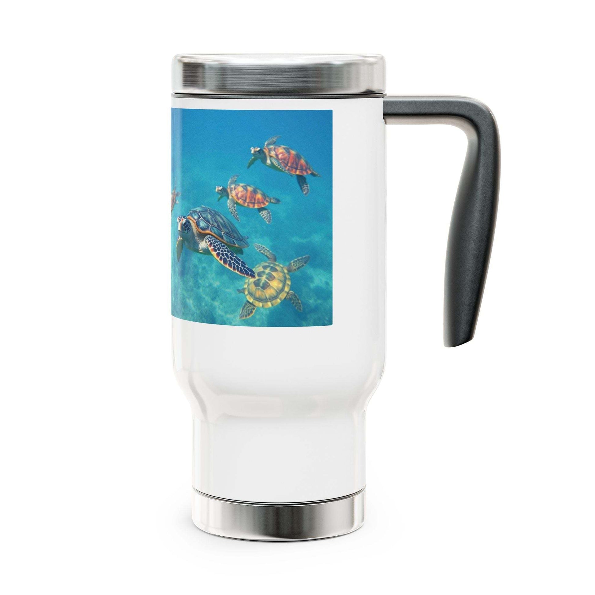 Stainless steel travel mug with handle, featuring a sea turtle design, 14oz capacity.