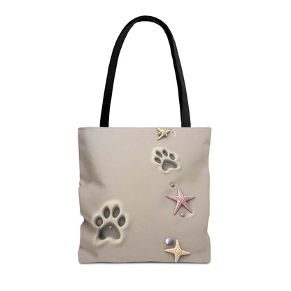 Beach tote bag with paw and starfish design, perfect for pet lovers and beach outings.