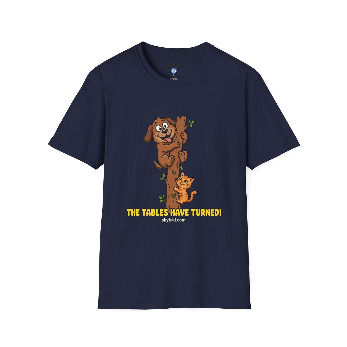 Funny cat chasing dog humorous graphic t-shirt design