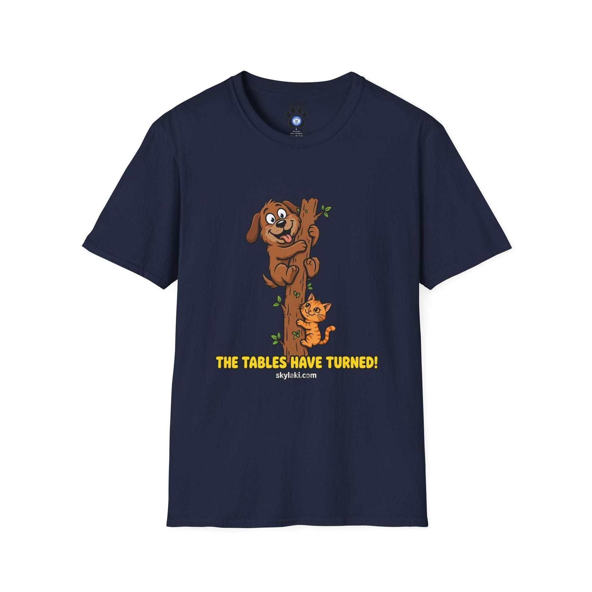 Funny cat chasing dog humorous graphic t-shirt design