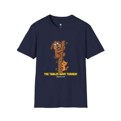 Funny cat chasing dog humorous graphic t-shirt design