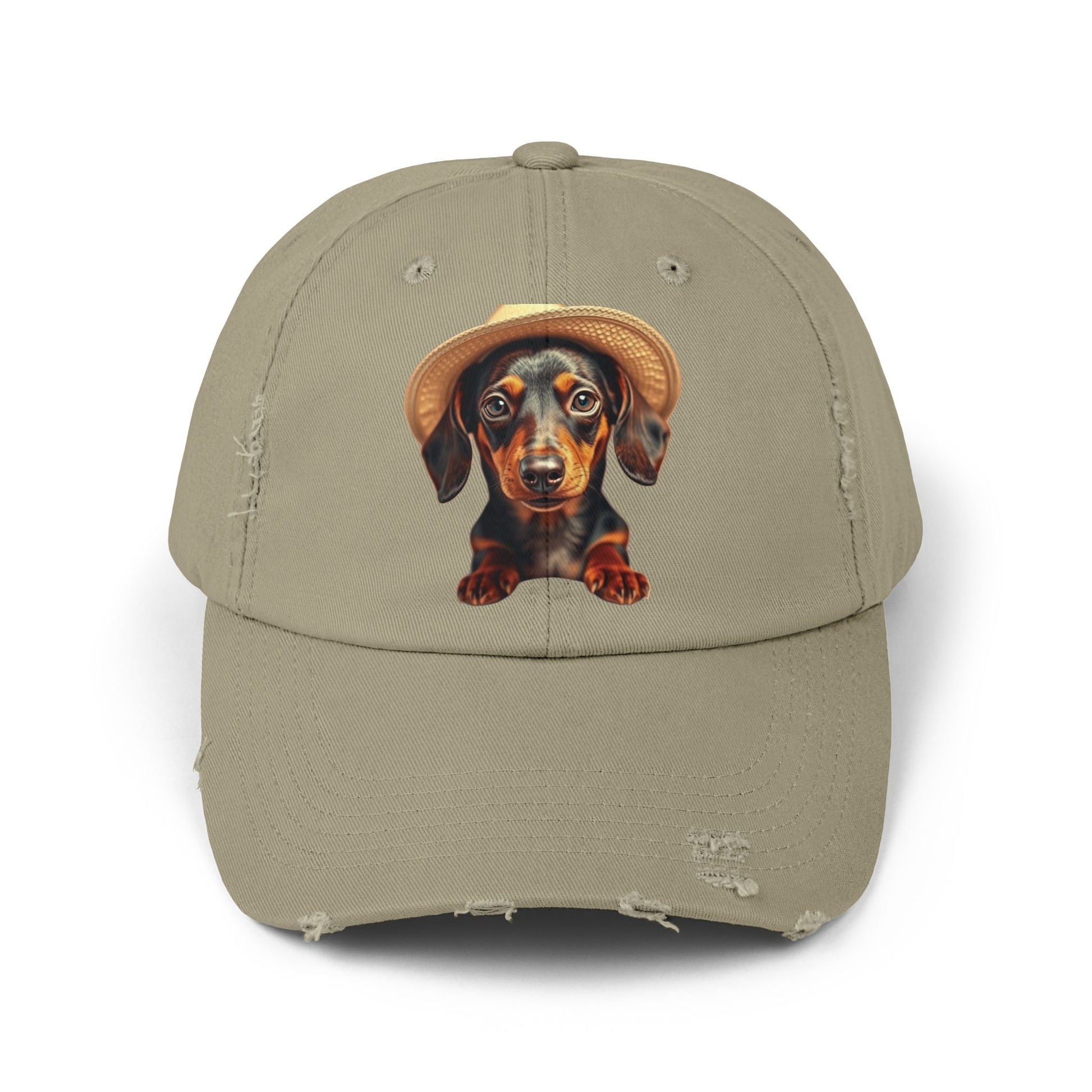 Distressed baseball cap with dachshund design, perfect for dog lovers seeking a vintage style.
