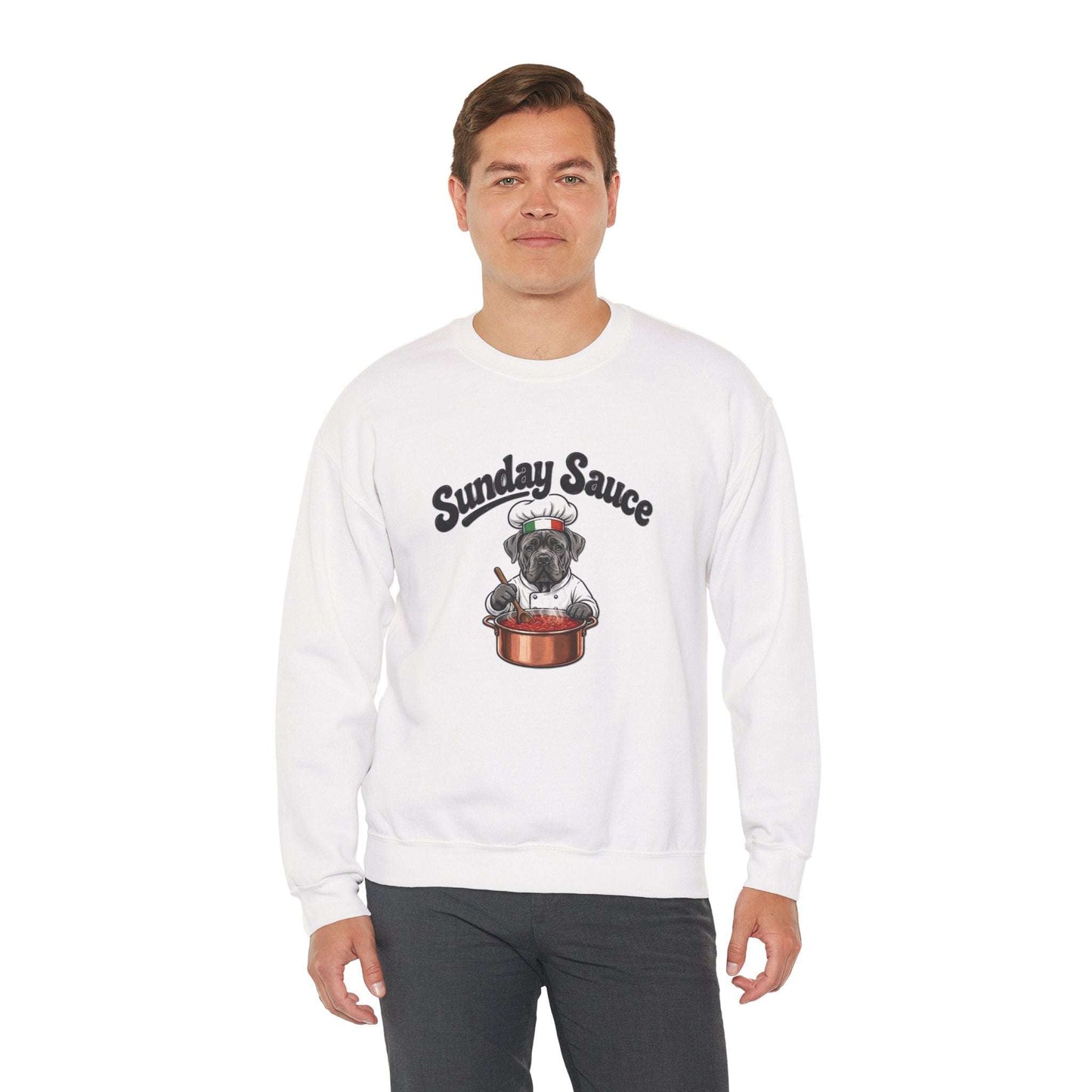 White unisex sweatshirt featuring Italian dog chef embroidery and "Sunday Sauce" text