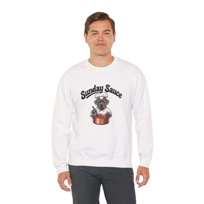 White unisex sweatshirt featuring Italian dog chef embroidery and "Sunday Sauce" text