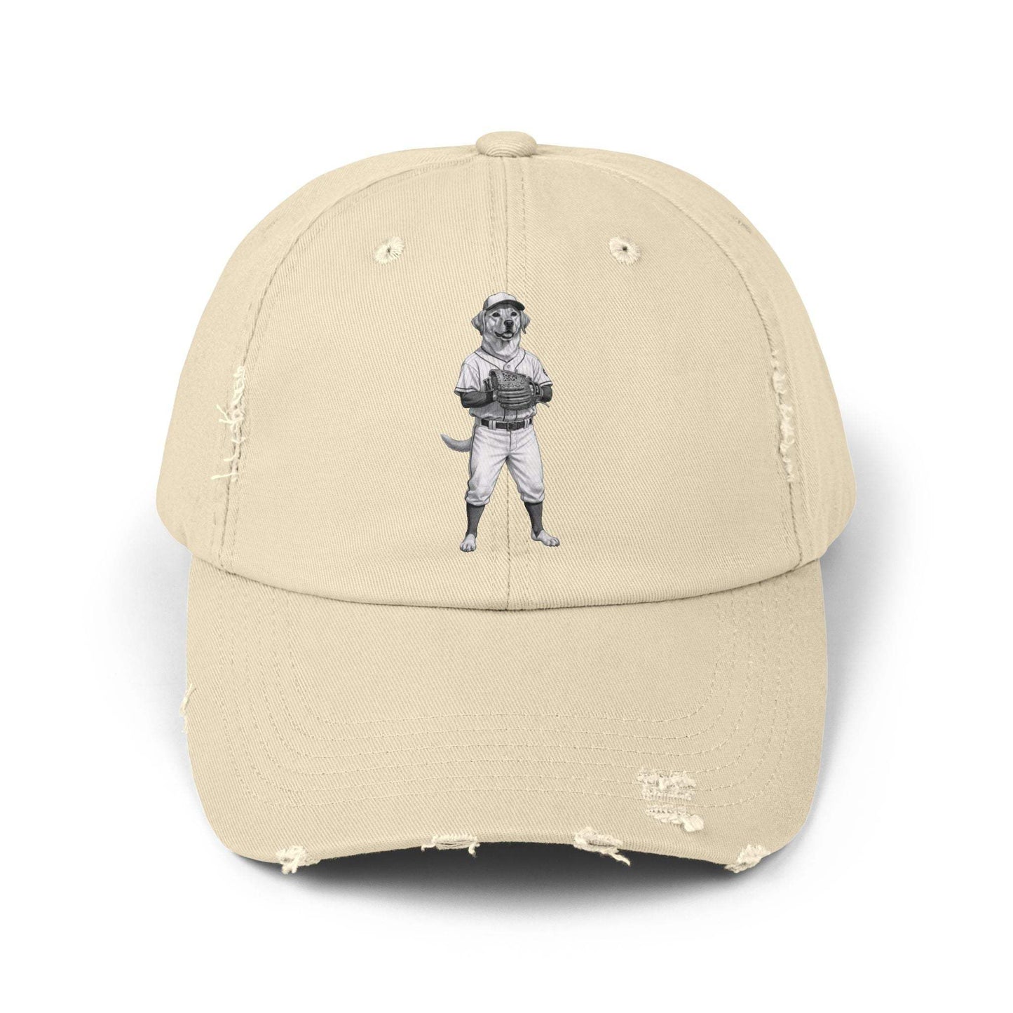 Distressed Baseball Cap with Vintage Baseball Dog Graphic