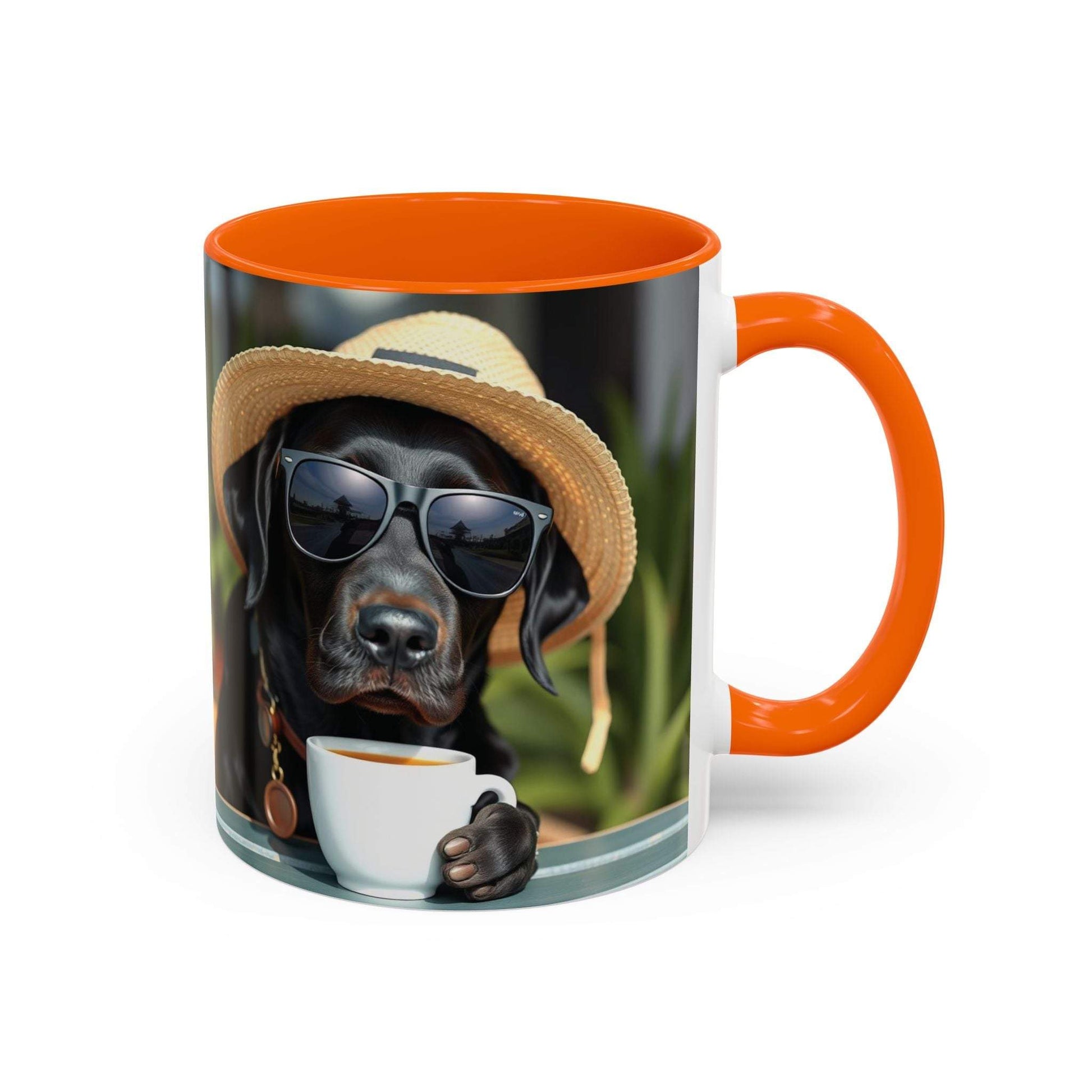 Coffee mug for dog lovers featuring a dog in sunglasses and a hat, 11/15oz sizes.