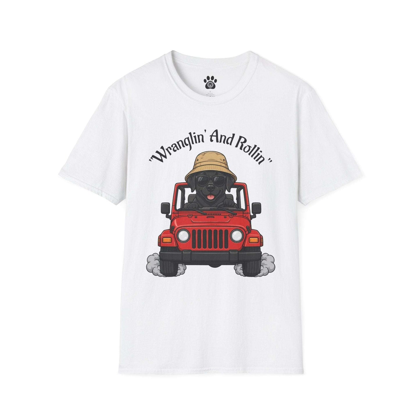 Unisex dog T-shirt with playful red jeep design and "Wranglin' And Rollin'" text on lightweight cotton