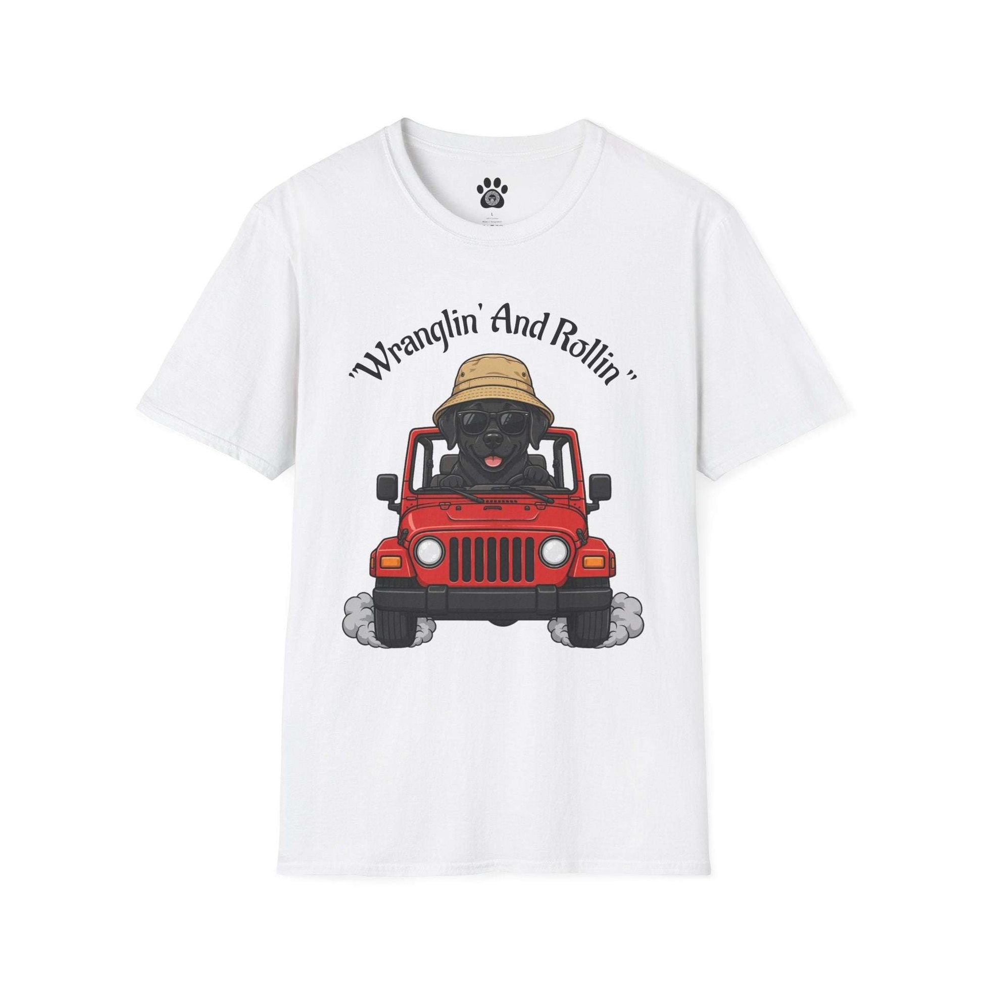 Unisex dog T-shirt with playful red jeep design and "Wranglin' And Rollin'" text on lightweight cotton