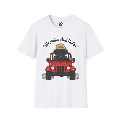 Unisex dog T-shirt with playful red jeep design and "Wranglin' And Rollin'" text on lightweight cotton
