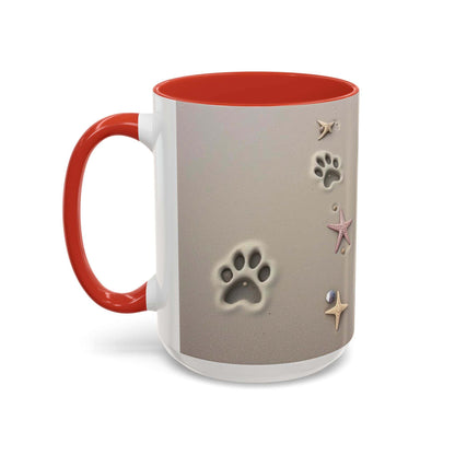 Nautical coffee mug with starfish and paw prints, perfect for beach and animal lovers.