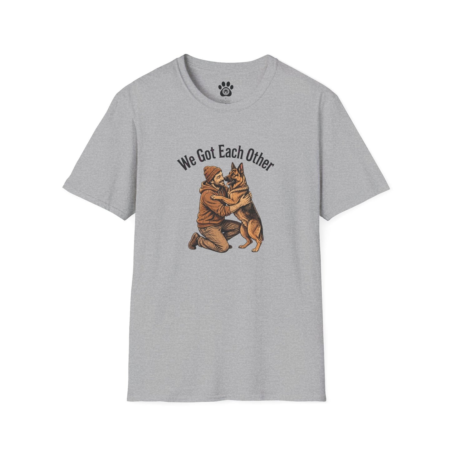 Unisex Dog Dad Shirt with black-and-white dog and owner embrace and "We Got Each Other" text