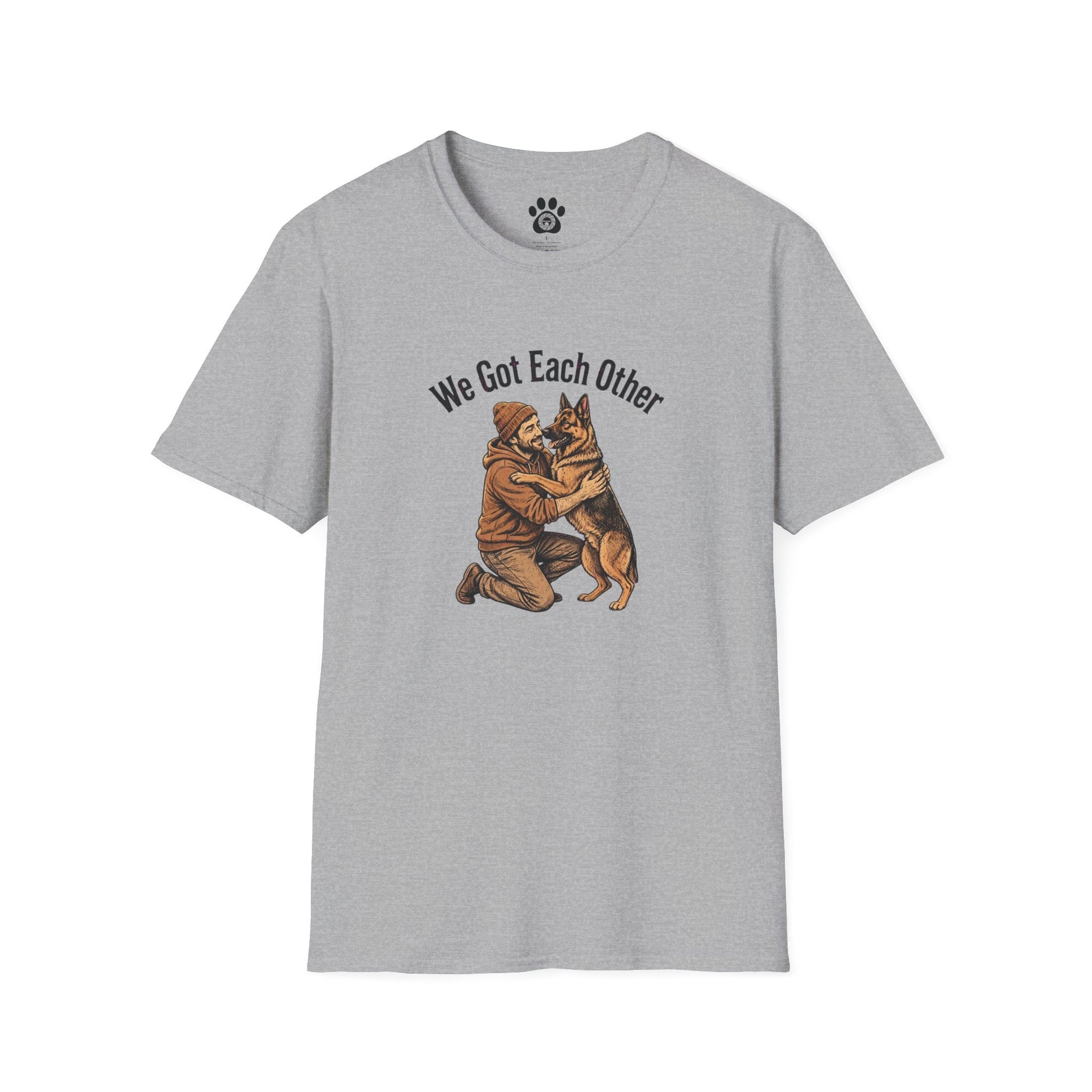 Unisex Dog Dad Shirt with black-and-white dog and owner embrace and "We Got Each Other" text